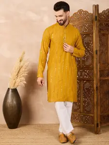 House of Pataudi Men Embroidered Sequin Mandarin Collar Straight Kurta