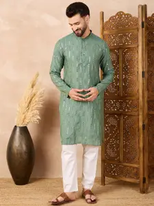 House of Pataudi Men Embroidered Sequinne Mandarin Collar Straight Kurta
