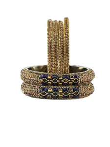 RIJOLI Set Of 6 Gold-Plated Zircon Stone Studded & Beaded Metal Bangles