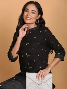 Anouk Geometric Woven Design Mandarin Collar Straight Cotton Kurta