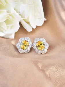 Jewels Galaxy Silver-Plated American Diamond Studded Floral Shaped Studs
