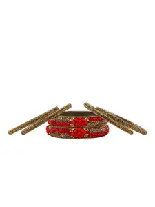 RIJOLI Set Of 6 Gold-Plated Stone Studded Beaded Metal Bangles