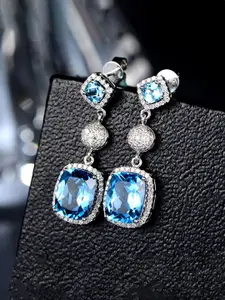 Jewels Galaxy Silver-Plated American Diamond Studded Square Shaped Drop Earrings
