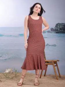 PURVAJA Women Printed Brown Fit and Flare Midi Dress