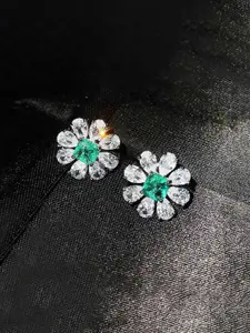 Jewels Galaxy Silver-Plated American Diamond Studded Floral Shaped Studs