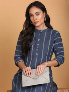 Anouk Striped Woven Design Mandarin Collar Straight Cotton Kurta