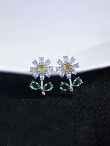 Jewels Galaxy Silver-Plated American Diamond Studded Floral Shaped Studs