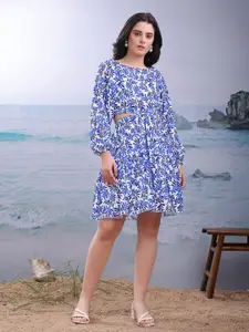 PURVAJA Printed Blue Fit and Flare Dress