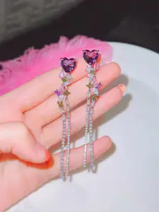 Jewels Galaxy Silver-Plated American Diamond Studded Heart Shaped Drop Earrings