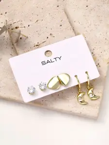 SALTY Gold Plated Set Of 3 Contemporary Artificial Stone Studded Studs Earrings