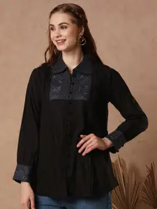 FASHOR Floral Embroidered Shirt Collar Thread Work Thread Work Pleated Kurti