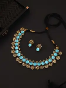 DIVASTRI Women Gold Plated Blue Stone Studded Choker Necklace with Earrings