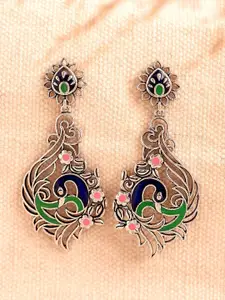 Voylla Silver-Plated Peacock Shaped Oxidised Drop Earrings