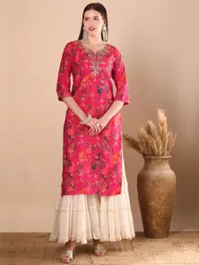 FASHOR Floral Printed Notch Neck Gotta Patti Straight Silk Kurta