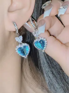 Jewels Galaxy Silver-Plated American Diamond Studded Heart Shaped Drop Earrings