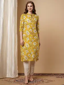 FASHOR Floral Printed Mandarin Collar Straight Cotton Kurta