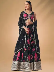 FABPIXEL Embroidered Sequinned Semi-Stitched Lehenga & Unstitched Blouse With Dupatta