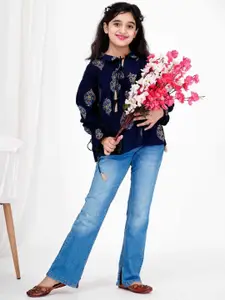 DMP FASHION Girls Floral Print Tie-Up Neck Cotton Regular Top