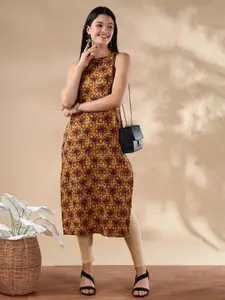 Anouk Floral Printed Round Neck Sleeveless Straight Cotton Kurta