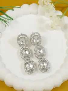 I Jewels Silver-Plated Artificial Stones Studded Geometric Shaped Drop Earrings