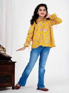 DMP FASHION Girls Floral Print Tie Up Neck Cuffed Sleeves Cotton Top