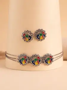 Voylla Madhubani Matsya Mayur Oxidised Enamel Choker Necklace Set