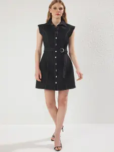 Trendyol Women Shirt Collar Mini Shirt Dress with Belt