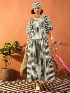 Pink Paprika by SASSAFRAS Women Striped Sweetheart Neck Cotton Fit and Flare Maxi Dress