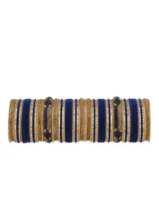 RIJOLI Set of 74 Blue & Gold-Toned Gold Plated Zircon Studded & Beaded Bangle Set
