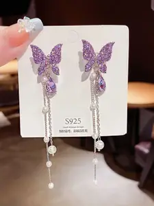 Celestique Silver-Plated Crystals Studded & Pearls Beaded Contemporary Drop Earrings