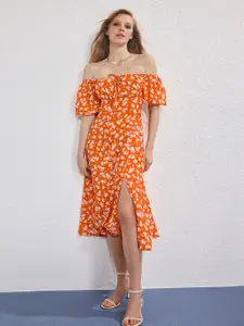 Trendyol Women Floral Printed Off-Shoulder Flared Sleeve A-Line Midi Dress