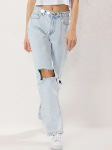 Trendyol Women Regular Fit Mid-Rise Slash Knee Heavy Fade Jeans