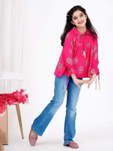 DMP FASHION Kids-Girls Floral Printed Tie-Up Neck Puff Sleeve Cotton A-Line Top