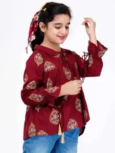 DMP FASHION Girls Floral Printed Tie-Up Neck Cotton Top