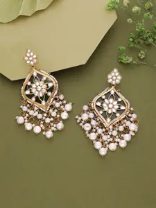 DIVASTRI Gold Plated Artificial Stones Studded And Pearls Beaded Drop Earrings