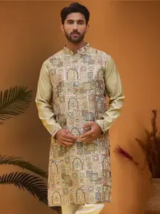 Jompers Men Floral Embroidered Mandarin Collar Thread Work Straight Kurta