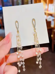 Celestique Korean Gold-Plated Pearls Beaded Contemporary Drop Earrings