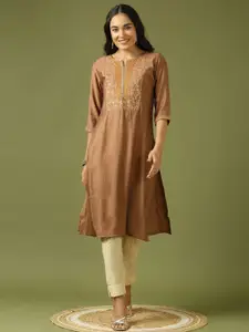 Anouk Women Floral Embroidered Keyhole Neck Thread Work Kurta