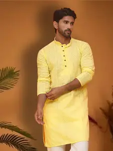 Jompers Geometric Embroidered Thread Work Mandarin Collar Cotton Straight Kurta