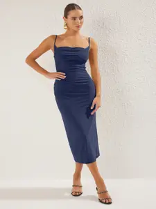 Trendyol Solid Gathered or Pleated Shoulder Straps Sheath Midi Dress