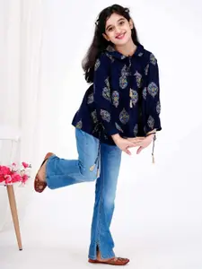 DMP FASHION Girls Floral Printed Tie-Up Neck Bell Sleeve Cotton Top