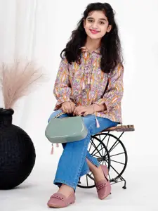 DMP FASHION  Girls  Floral Print Shirt Collar Cuffed Sleeves Cotton Top