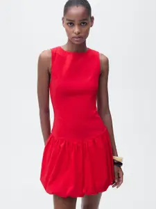 MANGO Pleated Detail Fit & Flare Mini Dress with Bubble Hem