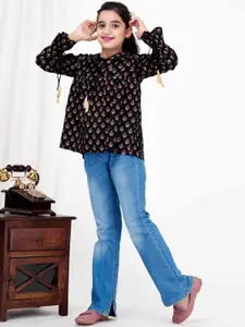 DMP FASHION Girls Floral Print Tie Up Neck Cotton Top