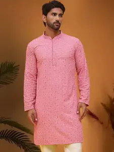 Jompers Geometric Embroidered Sequinned Mandarin Collar Cotton Straight Kurta