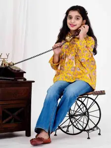 DMP FASHION Girls Floral Printed Tie-Up Neck Cotton Empire Top