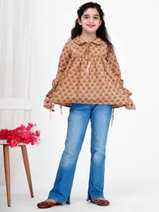 DMP FASHION Girls Ethnic Motifs Printed Tie-Up Neck Bell Sleeve Cotton Peplum Top