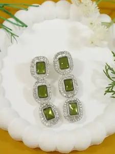 I Jewels Silver-Plated Artificial Stones Studded Geometric Shaped Drop Earrings