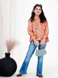 DMP FASHION Girls Floral Print Tie-Up Neck Cotton Blouson Top