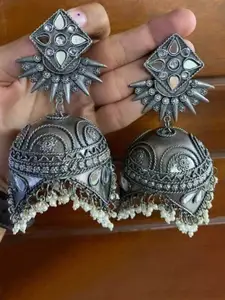 Sangria Artificial Studded & Beaded Oxidised Dome Shaped Jhumkas
